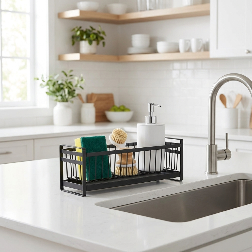 Black kitchen sink caddy with sponge and brush beside the sink