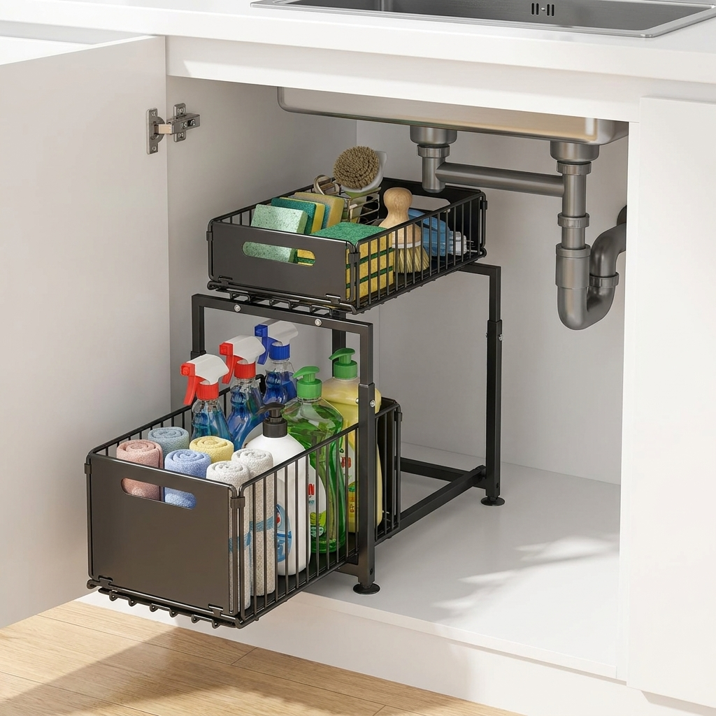 2-tier pull-out under sink organizer inside a kitchen cabinet
