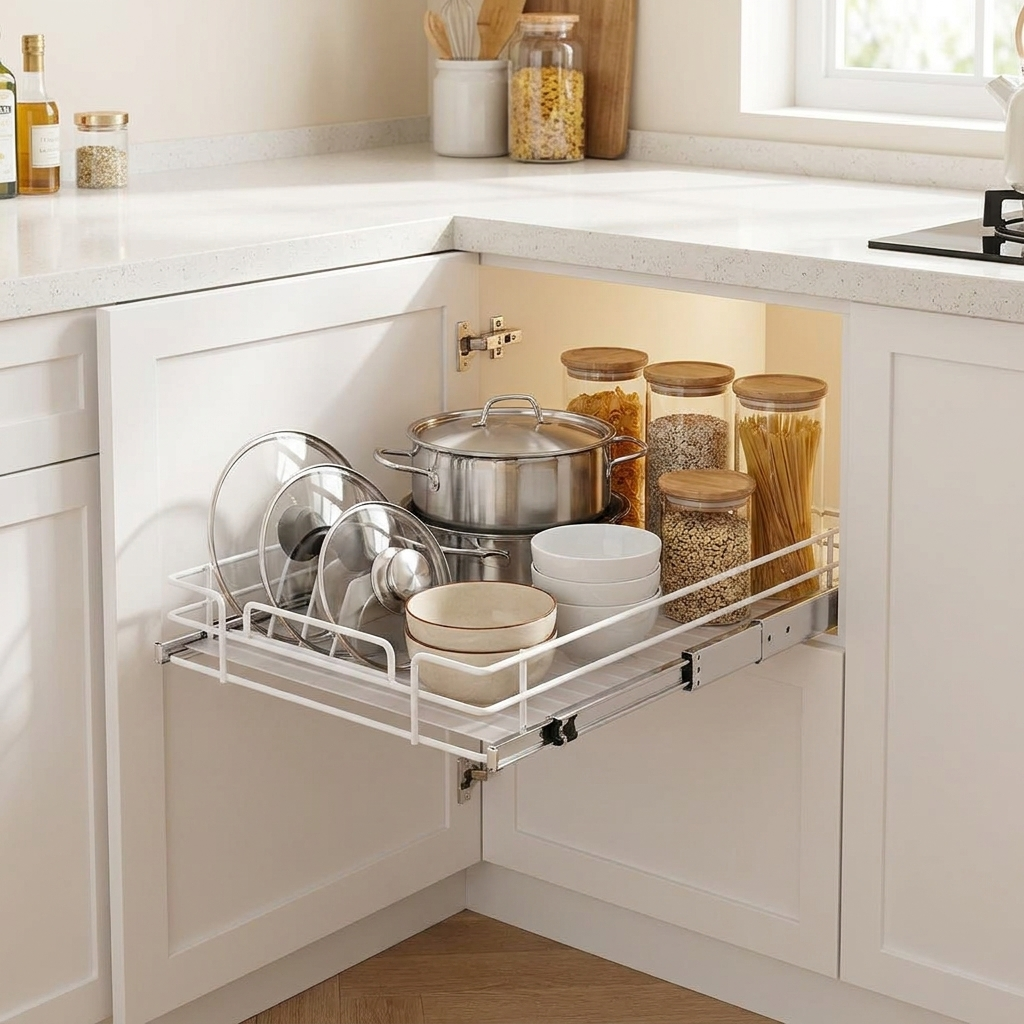 Pull-out cabinet organizer sliding out of a kitchen cabinet