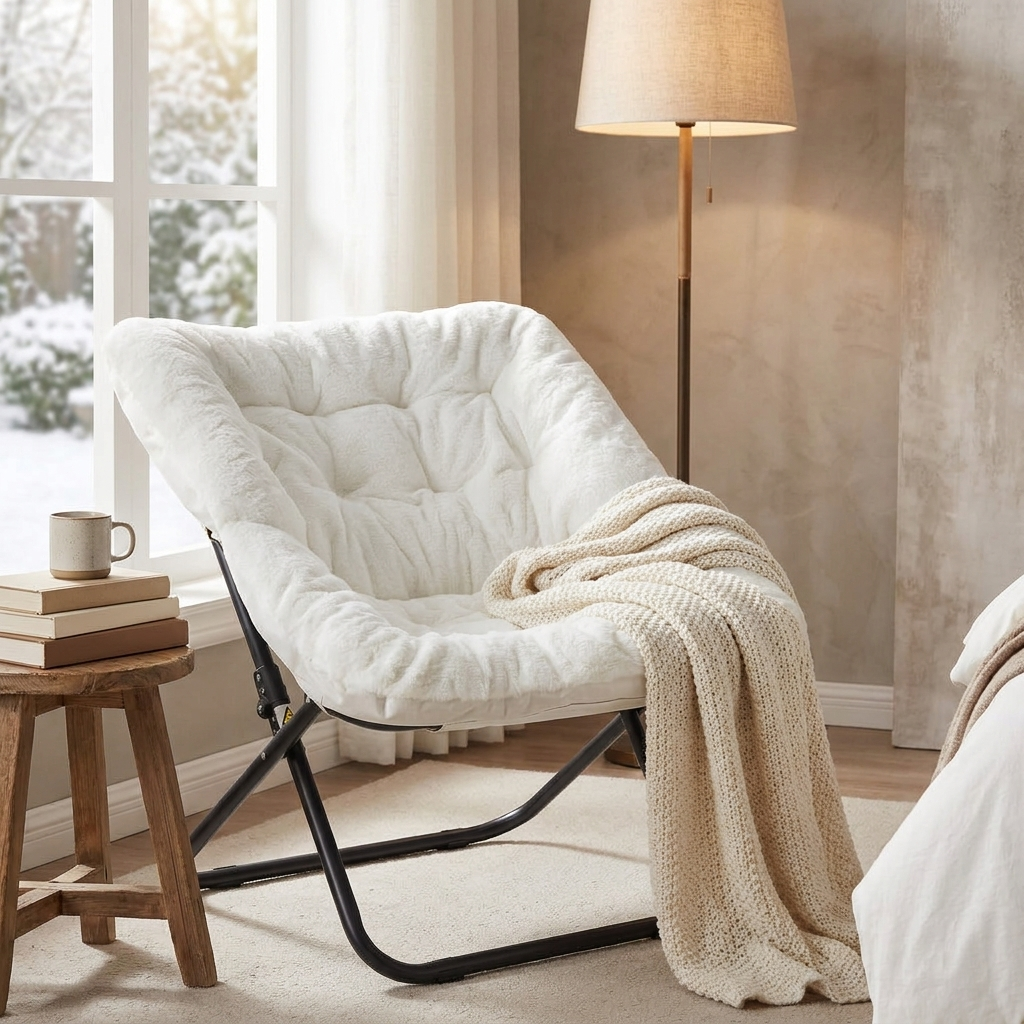 Faux fur saucer chair in a cozy bedroom reading nook