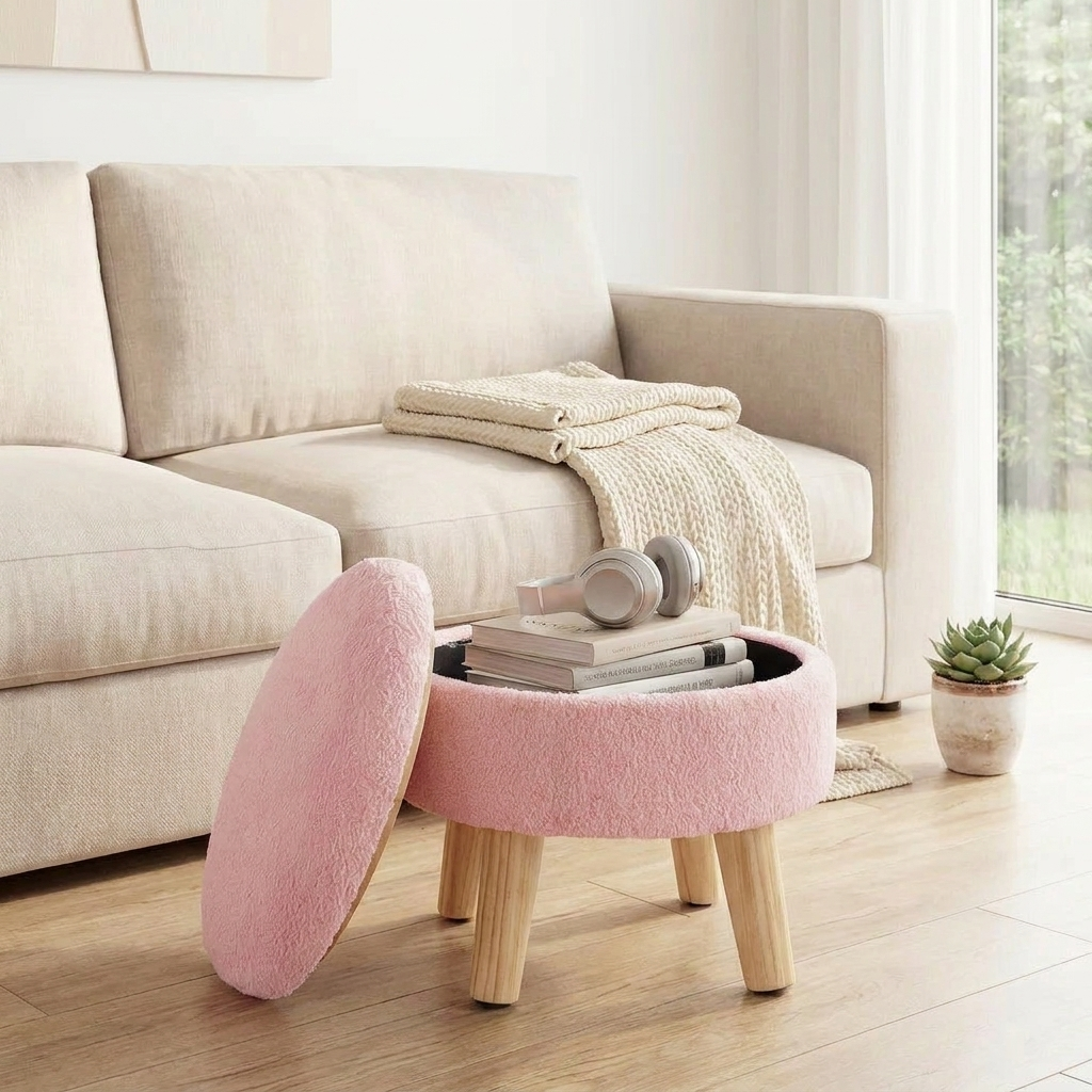 Round velvet storage ottoman with wood legs in a modern living room