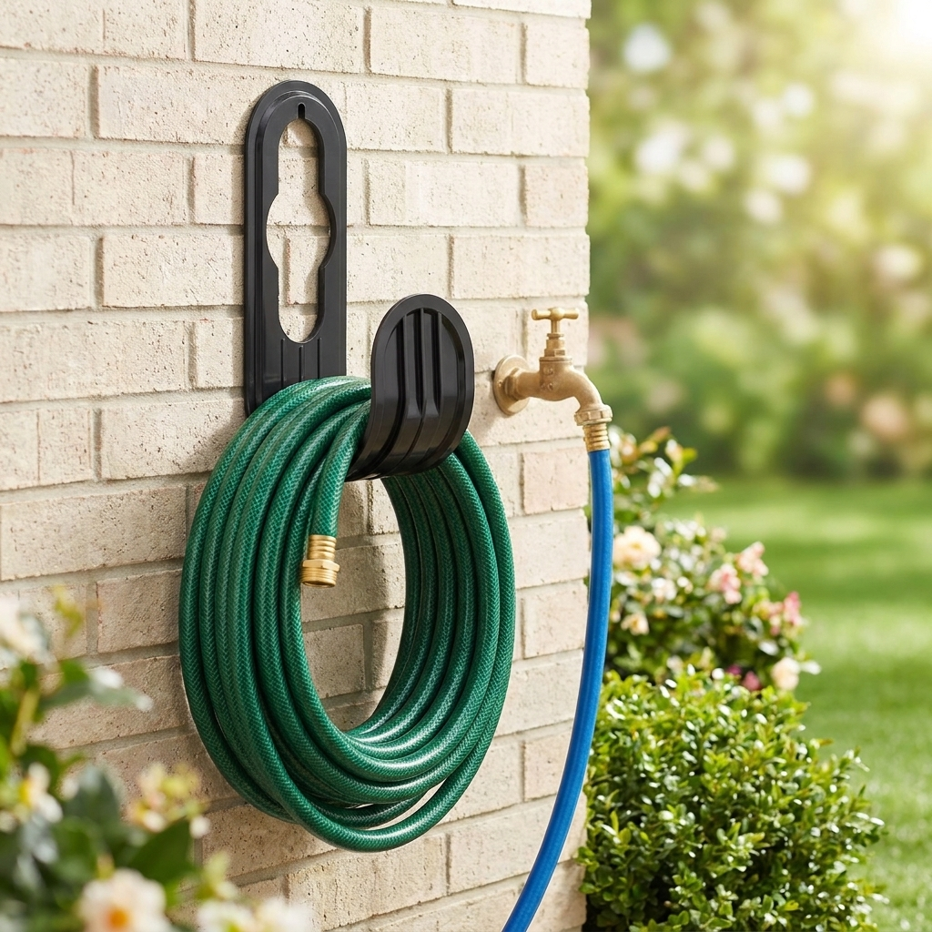Wall-mounted garden hose holder with coiled hose outdoors