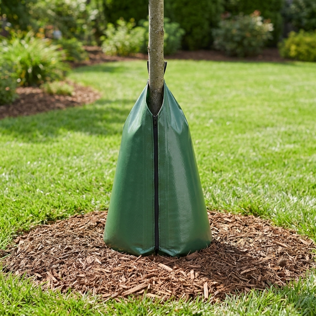 Slow-release tree watering bag around a young tree