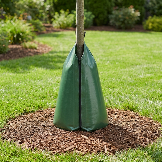 Slow-release tree watering bag around a young tree