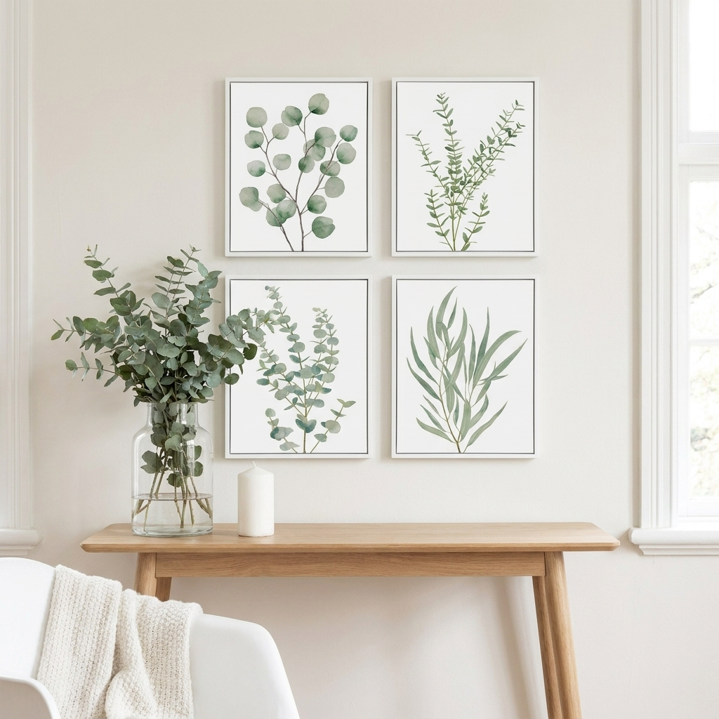 Set of 4 framed botanical canvas prints on a living room wall