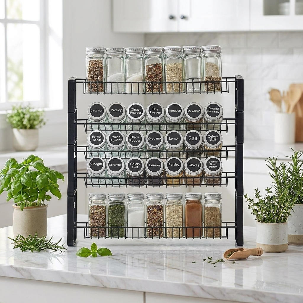Black 2-tier spice rack organizer on a kitchen countertop