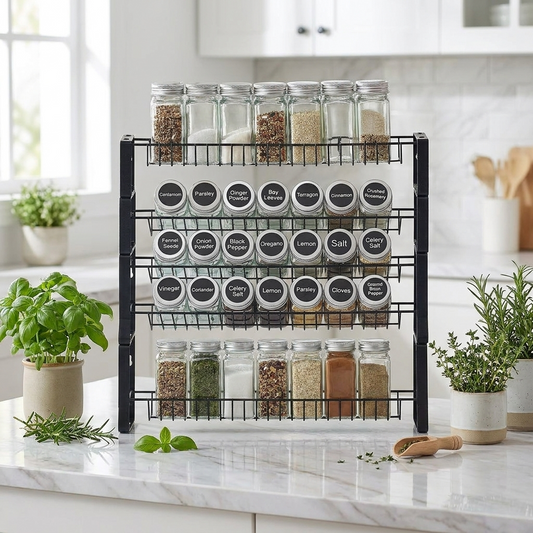 Black 2-tier spice rack organizer on a kitchen countertop
