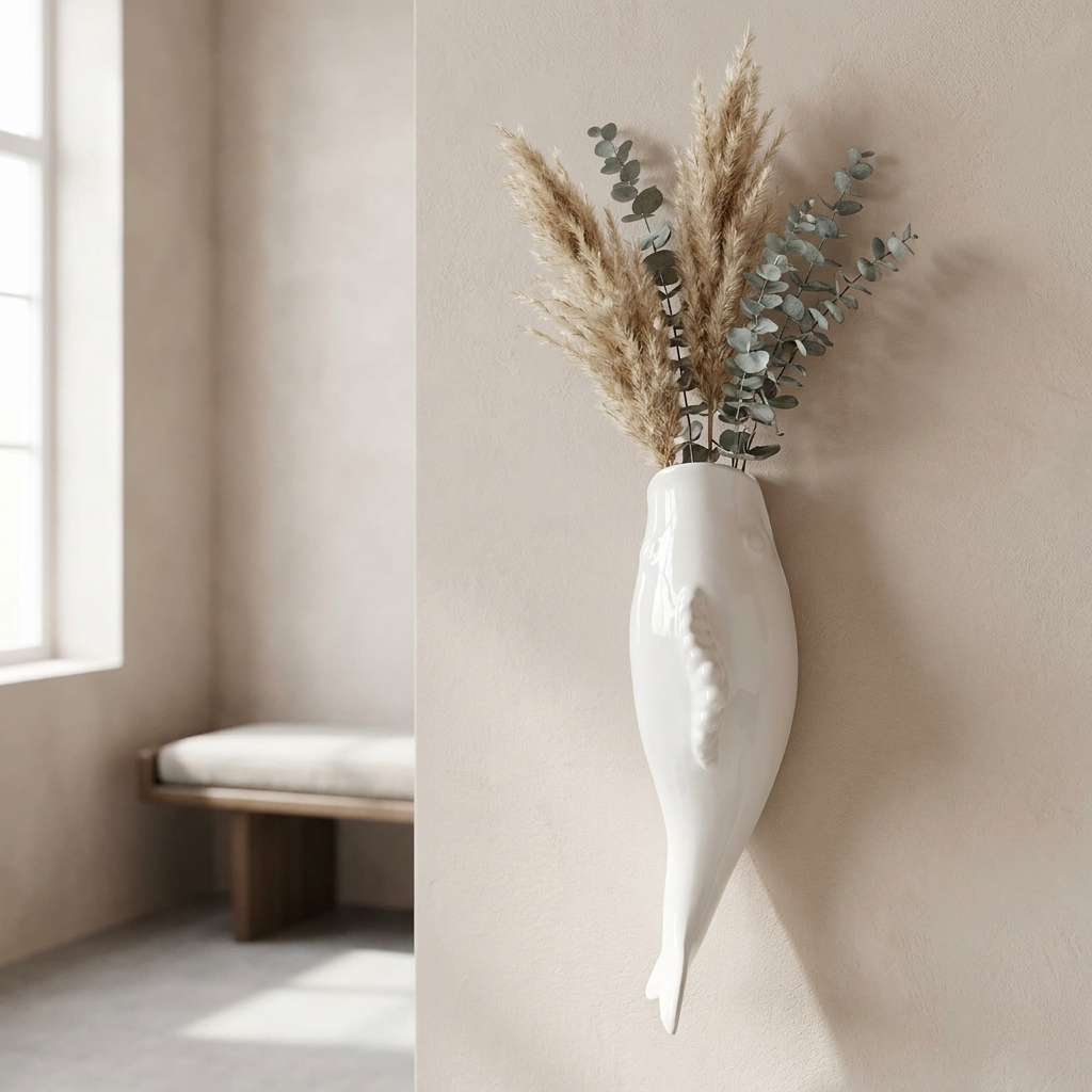 White ceramic wall hanging vase with dried flowers