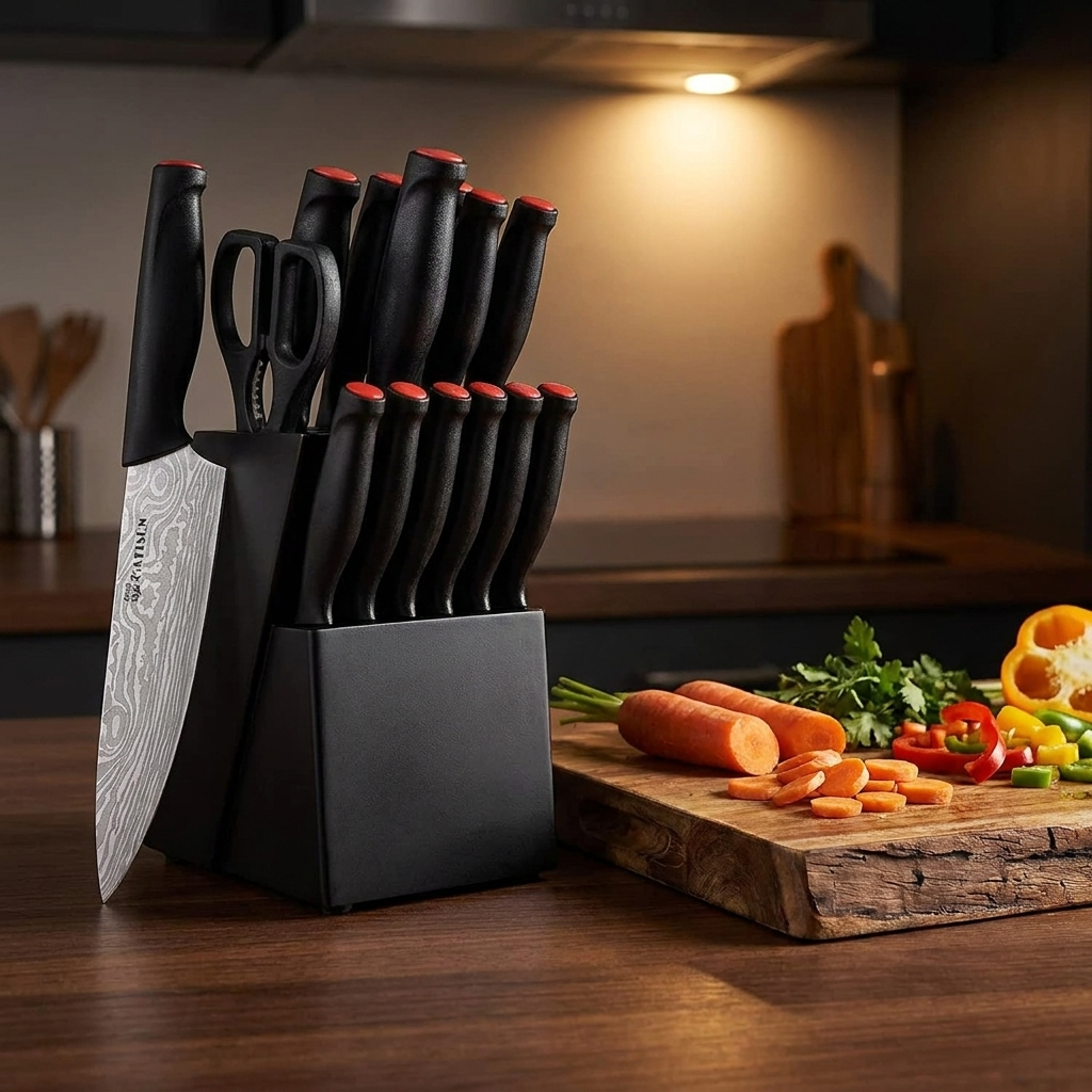 15-piece Damascus pattern knife set in wooden block on a kitchen counter