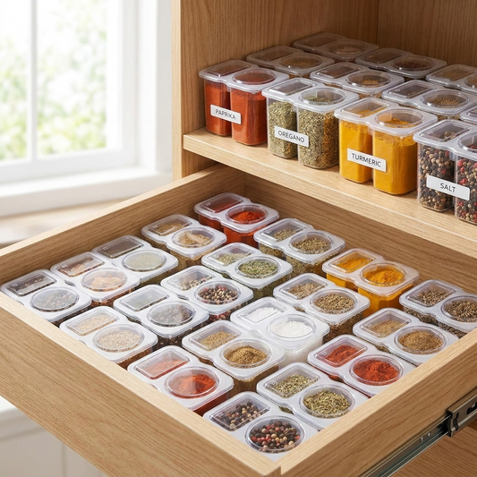 Clear spice jars with labels organized in a kitchen