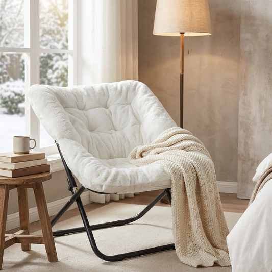 Faux fur saucer chair in a cozy bedroom reading nook